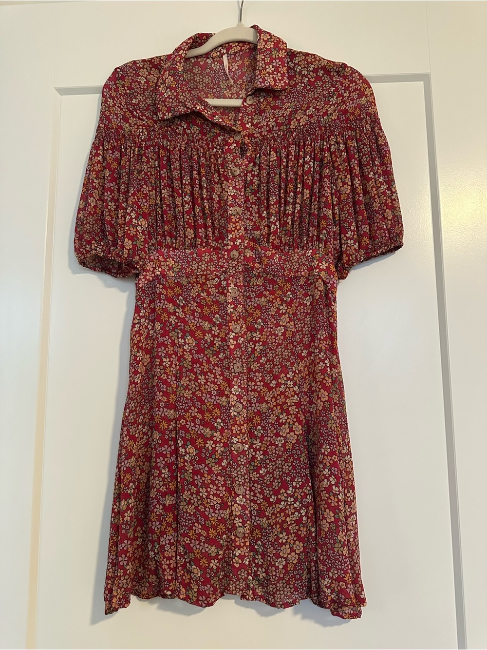 Free People Sheer Red Floral Button-Front Mini Dress
